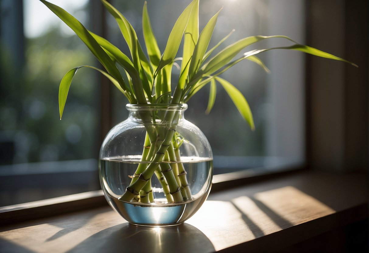 A clear glass vase holds lucky bamboo. Water level reaches the base of the roots. Sunlight filters through a nearby window