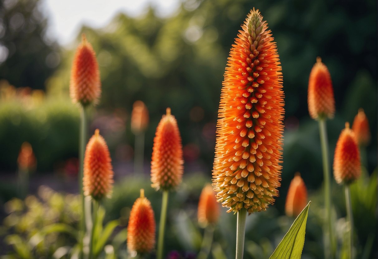 A red hot pokers plant standing tall in a garden, with its vibrant red and orange flowers reaching towards the sky