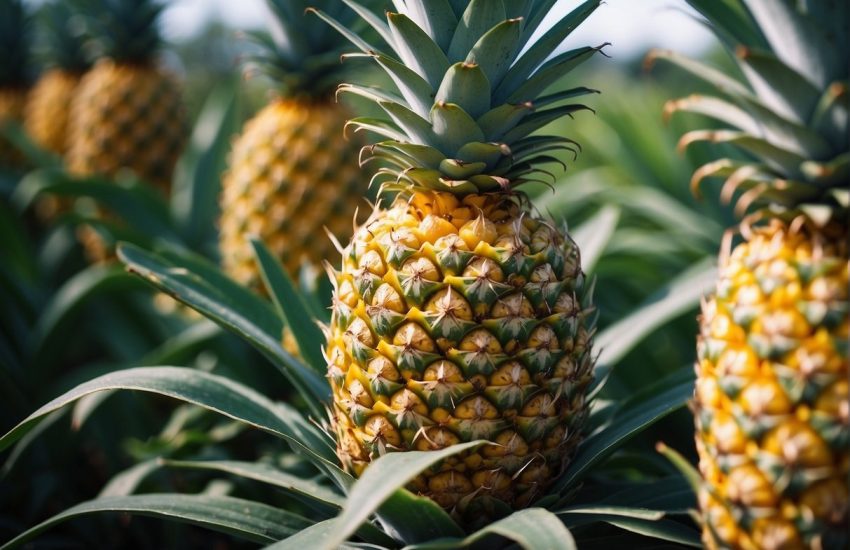 Pineapples grow on tall, spiky trees with vibrant green leaves and a single fruit at the top