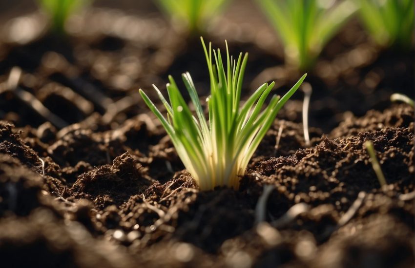 Onion seed sprouts in rich soil, sending down roots and pushing up green shoots