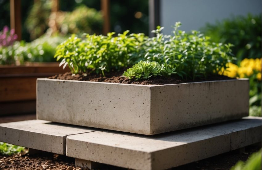 A concrete block raised bed sits in a garden, filled with soil and vibrant green plants, surrounded by a neat and tidy landscape