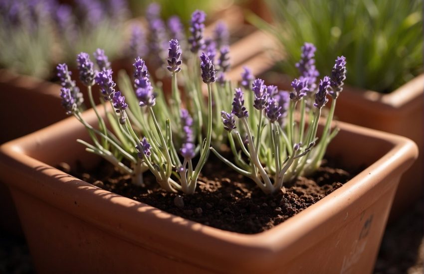 Lavender sprouts in a terracotta pot, bathed in sunlight. Roots reach into rich soil, while delicate purple blooms unfurl