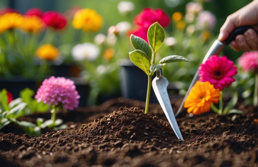Seeds being planted in a garden soil, surrounded by gardening tools and colorful flowers in bloom