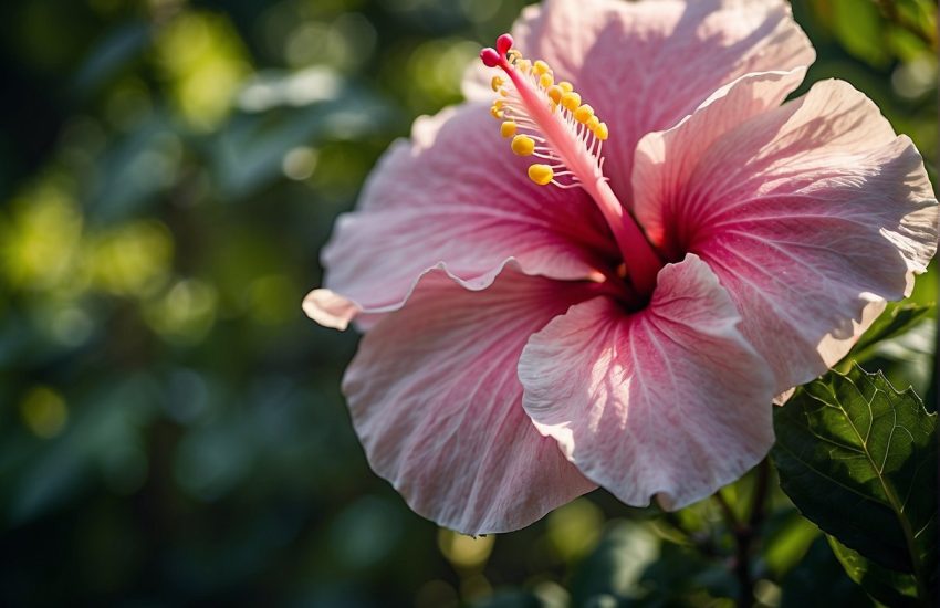 A vibrant hibiscus flower, known as Rose of Sharon, blooms against lush green foliage in a garden setting