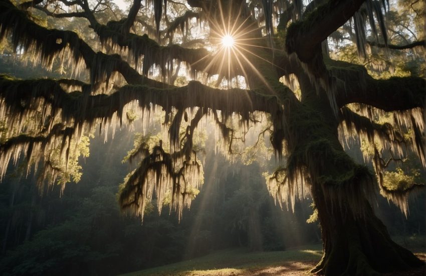 Sunlight filters through the dense forest, illuminating the delicate tendrils of Spanish moss that hang from the ancient oak trees