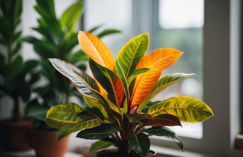 A vibrant croton plant sits in a sunny indoor space, surrounded by other potted plants. The plant's colorful leaves stand out against the greenery, adding a lively touch to the room