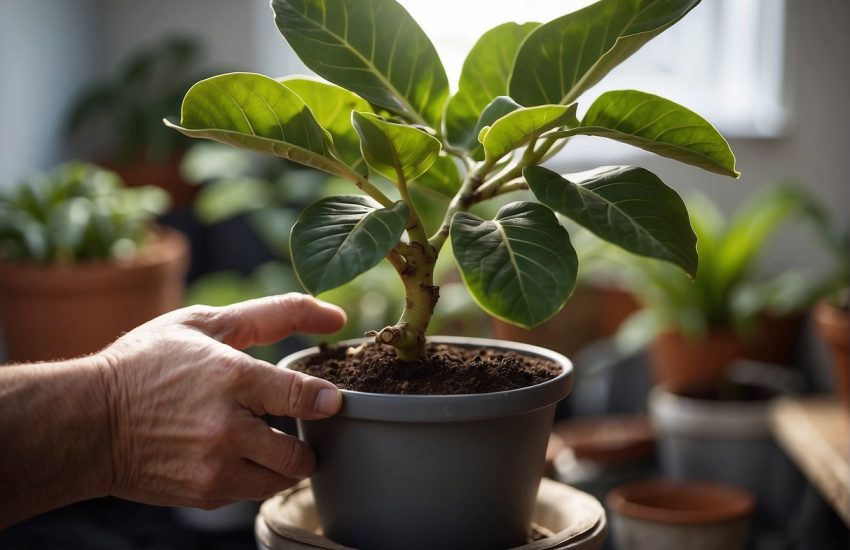 A fiddle leaf fig sits in a new pot, roots exposed. A gardener holds the plant, preparing to repot it into fresh soil