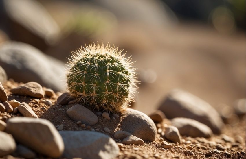 A small cactus seed sprouts in dry, sandy soil, surrounded by rocks and boulders under the scorching sun