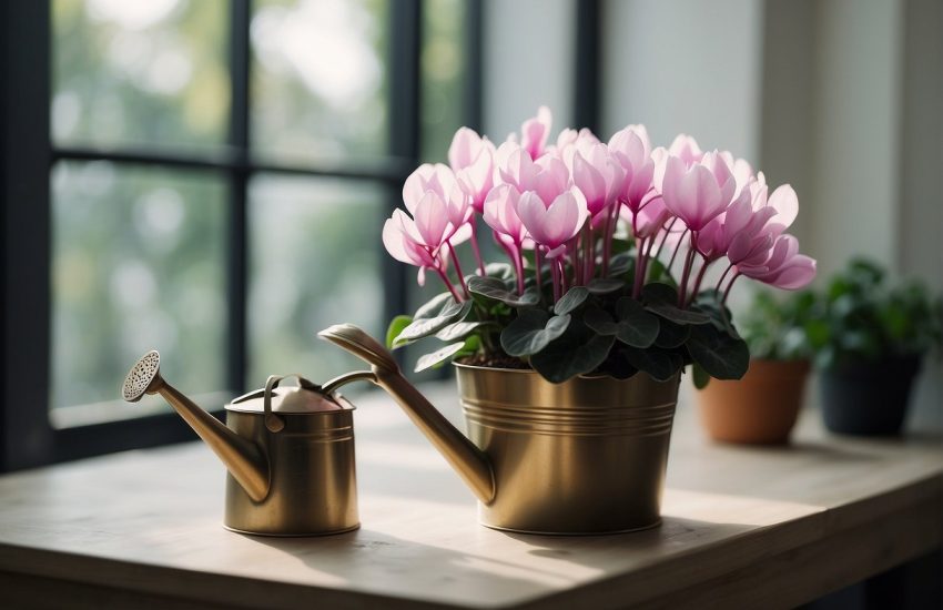 A cyclamen sits in a bright, well-lit room, nestled in a decorative pot. A small watering can nearby, ready to provide the delicate plant with the care it needs