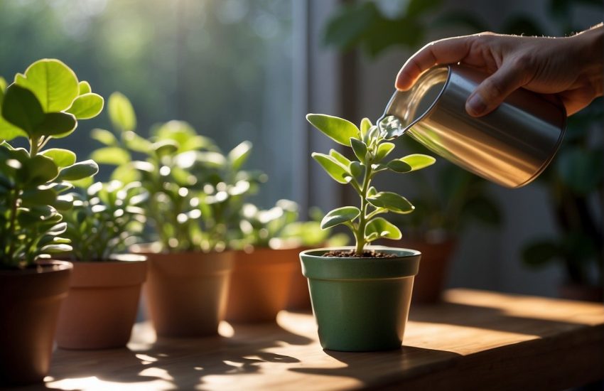 A hand pours water into a small pot with a kalanchoe plant, sunlight streaming through a nearby window, casting a warm glow on the green leaves