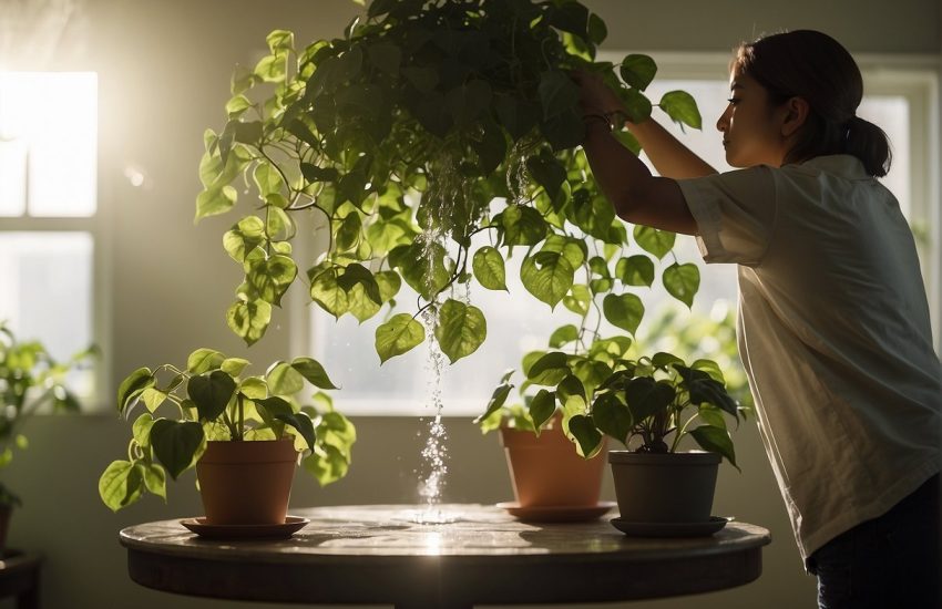 A hand pours water onto a lush, hanging devil's ivy plant in a sunlit room