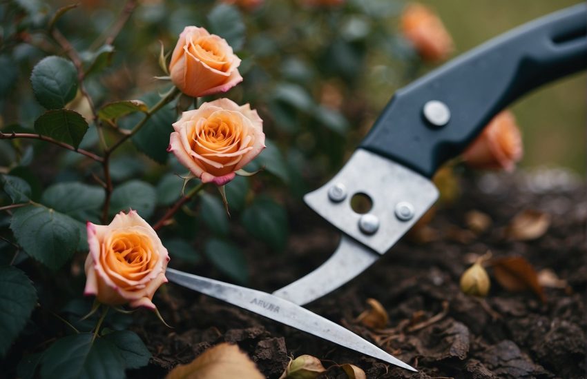 Roses being pruned in autumn, with fallen leaves and a pair of gardening shears