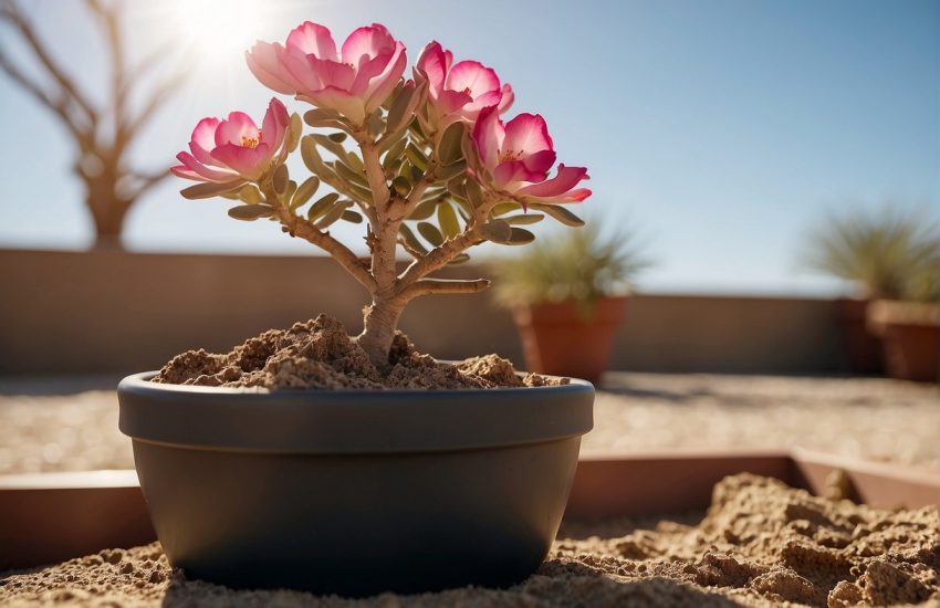 A desert rose sits in a well-drained pot under bright sunlight. Its soil is dry before watering. Prune dead branches and fertilize in spring