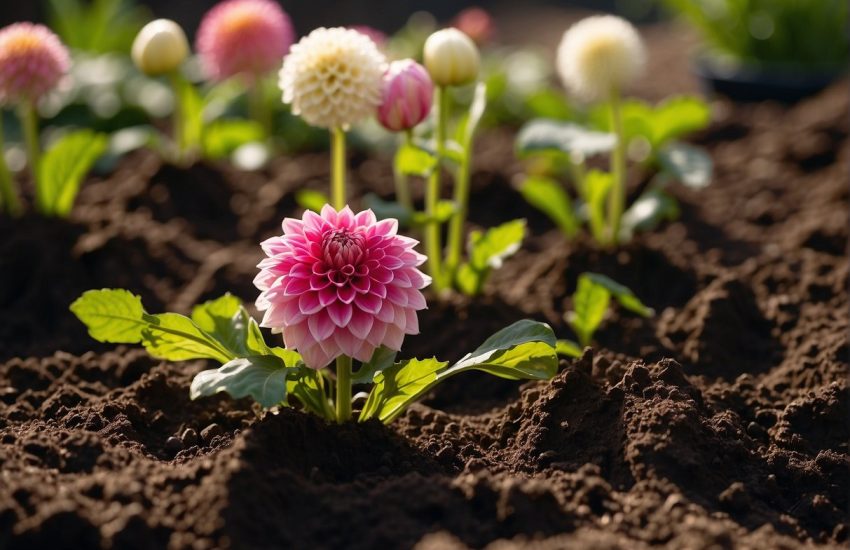 Dahlia tubers are placed in a prepared garden bed, spaced apart and covered with soil. Water is gently applied to the soil to ensure proper moisture