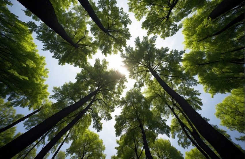 The trees stand tall, their branches adorned with vibrant green leaves that never fall, creating a lush and everlasting canopy