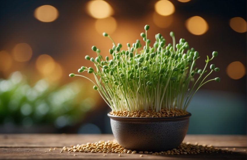 Chive seeds sprout in a small pot, sending up delicate green shoots