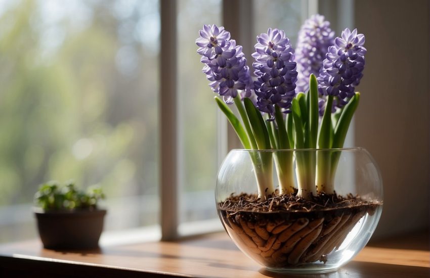 Hyacinth bulbs sit in a clear glass vase filled with water, roots reaching down. A sunny windowsill illuminates the scene