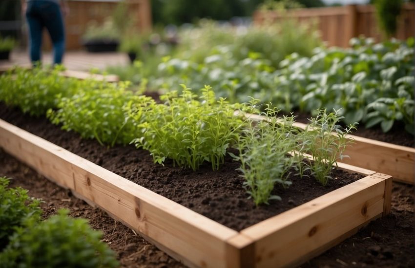 A raised bed herb garden with various plants growing in neat rows, surrounded by a wooden border and mulch pathways