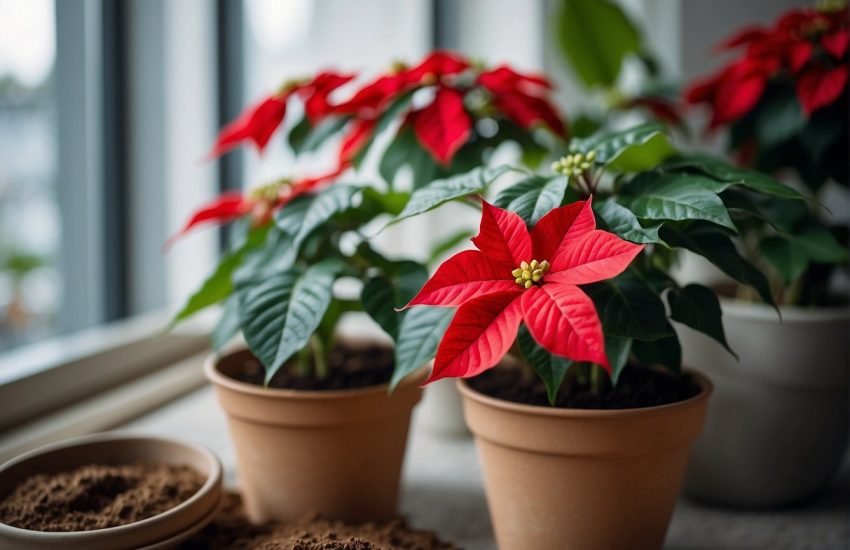 A poinsettia sits in a well-lit room, away from drafts. Its soil is kept moist, but not waterlogged. A saucer catches excess water. A balanced fertilizer is applied monthly