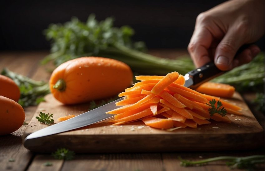 Carrots being sliced into thin pieces with a sharp knife on a cutting board