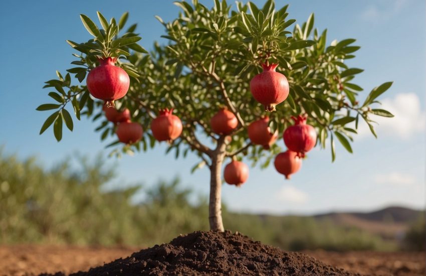 A pomegranate tree grows in a sunny, open space with well-drained soil. It starts as a small seedling, developing into a sturdy trunk with glossy green leaves and vibrant red flowers. Fruits form and ripen, bursting with