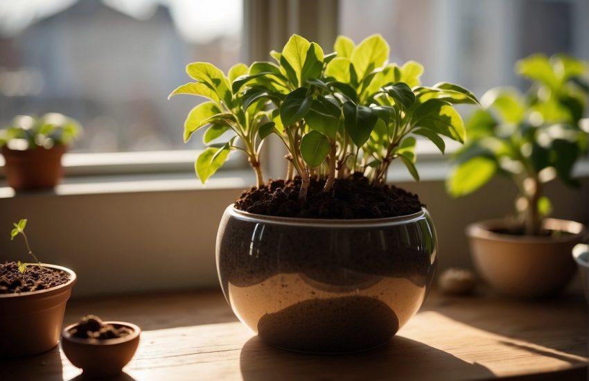 A pot filled with rich soil, a ginger rhizome planted just below the surface, and a sunny window for light