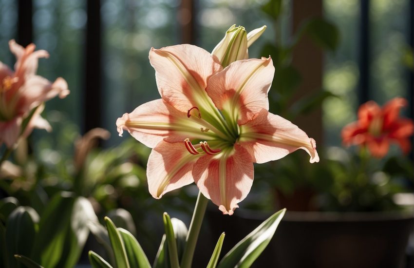 Amaryllis blooms in a sunlit room, surrounded by green leaves and tall stems