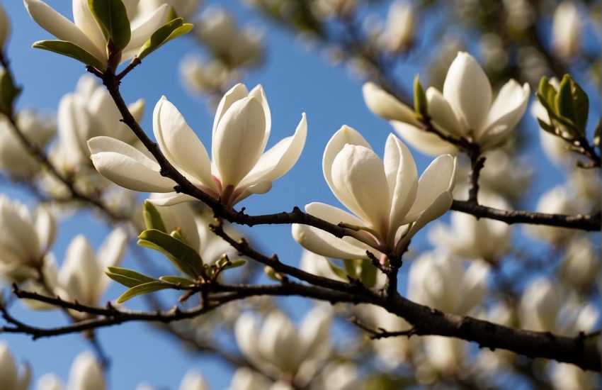 A magnolia tree grows rapidly, its branches reaching towards the sky. The leaves are large and glossy, and the white flowers bloom in abundance