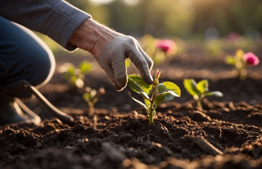 Hands gently place bare root roses into the freshly tilled soil, patting it down to secure the delicate roots. The sun shines overhead, casting a warm glow on the garden