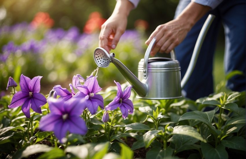 A pair of gentle hands tending to vibrant balloon flowers with a watering can in a sunlit garden