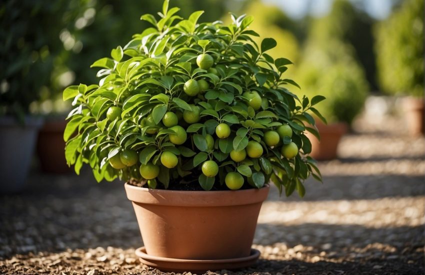 A small lime tree is planted in a large pot with rich, well-draining soil. It is placed in a sunny location and watered regularly. Over time, the tree grows taller with lush green leaves and small, budding limes