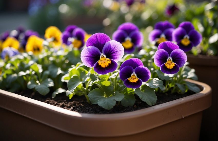 Pansies in pots: water soil, not leaves. Sunlight 6hrs daily. Deadhead spent blooms. Fertilize every 2 weeks. Watch for pests