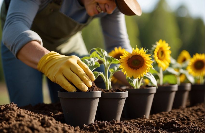 Hands planting sunflowers in pots, soil spills, seeds drop, sun shines