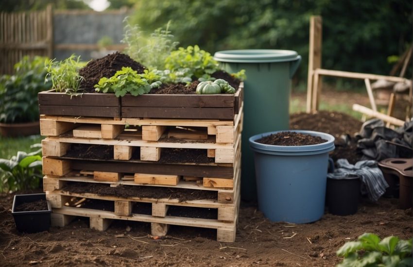 Pallets stacked together to form a DIY compost bin, surrounded by organic waste and gardening tools