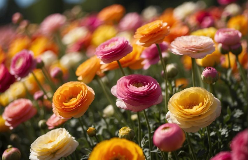 A field of colorful ranunculus blooms in the bright sunlight, their delicate petals unfurling in a vibrant display of pinks, yellows, and oranges