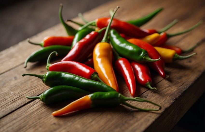 A variety of chillies lay scattered on a wooden table, ranging from small and fiery red to long and mild green