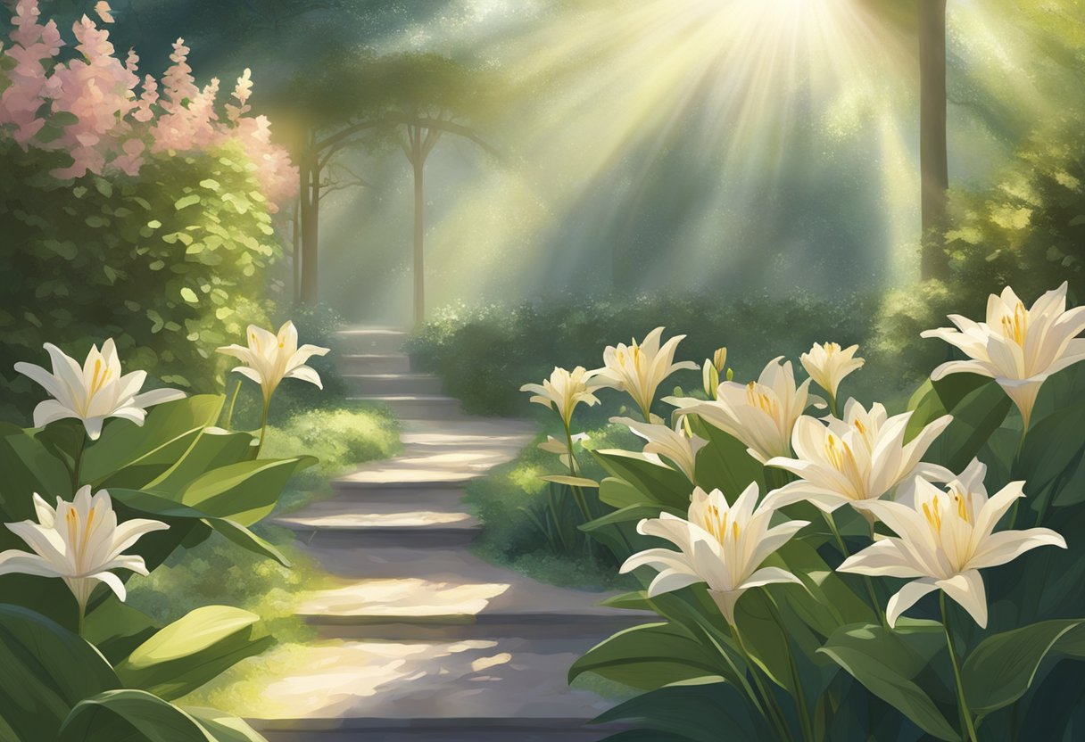 Sunlight filters through dense foliage onto delicate, lily-like flowers in a tranquil garden setting