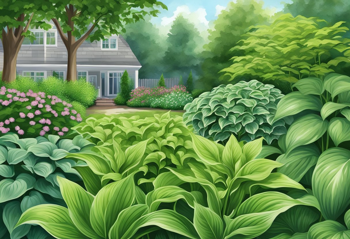 Lush green weeds resembling hostas fill the garden bed