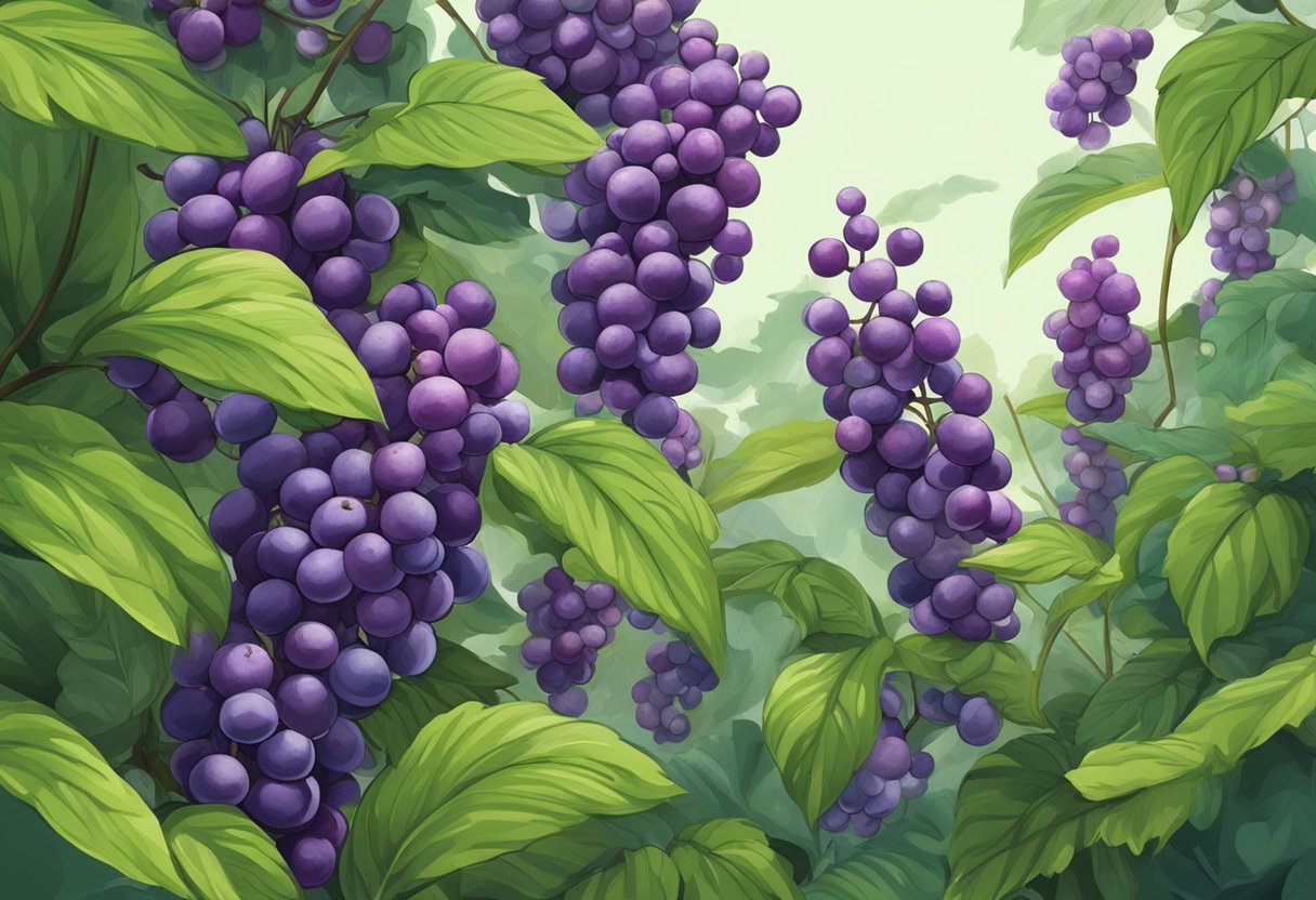 Rich soil, sunlight, and water surround a plant with purple berries, thriving in ideal growing conditions