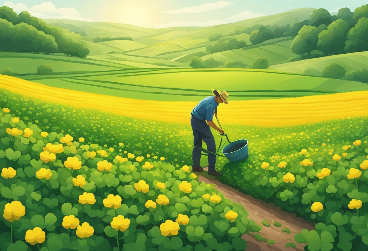 Green field with vibrant yellow clover flowers being tended to by a farmer