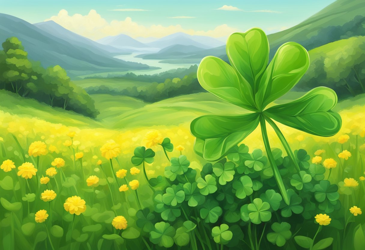 A clover with a yellow flower blooms in a lush green field