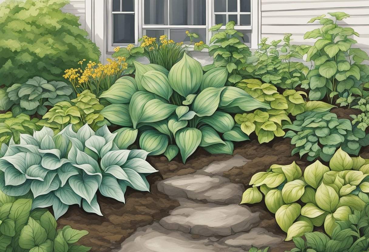 A garden bed with various leafy plants, including hostas and similar-looking weeds, surrounded by soil and mulch