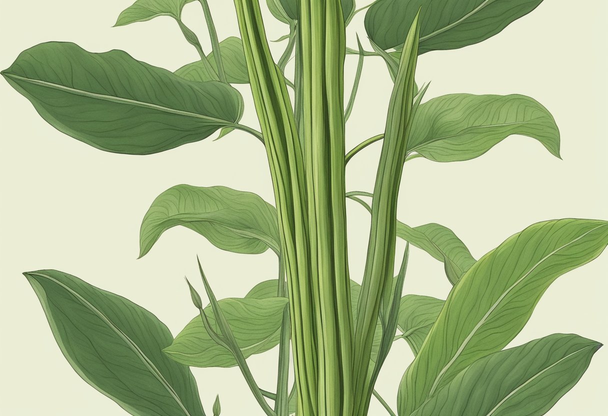 A tall, slender plant with long, ribbed pods resembling okra, surrounded by lush green leaves and reaching towards the sun