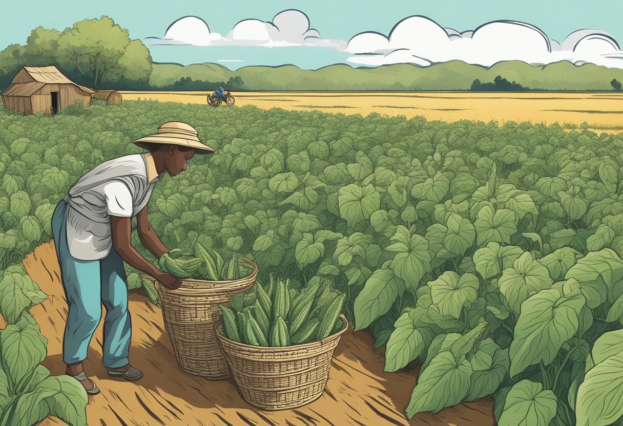 A person harvesting okra-like plants from a field, with baskets of harvested plants nearby for usage