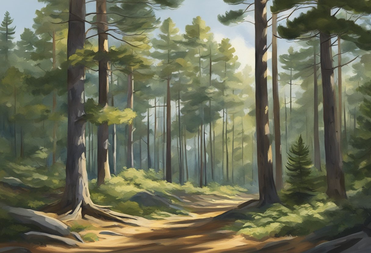 Tall New England pine trees stand proudly in the forest, their green needles swaying gently in the breeze. The sunlight filters through the branches, casting dappled shadows on the forest floor
