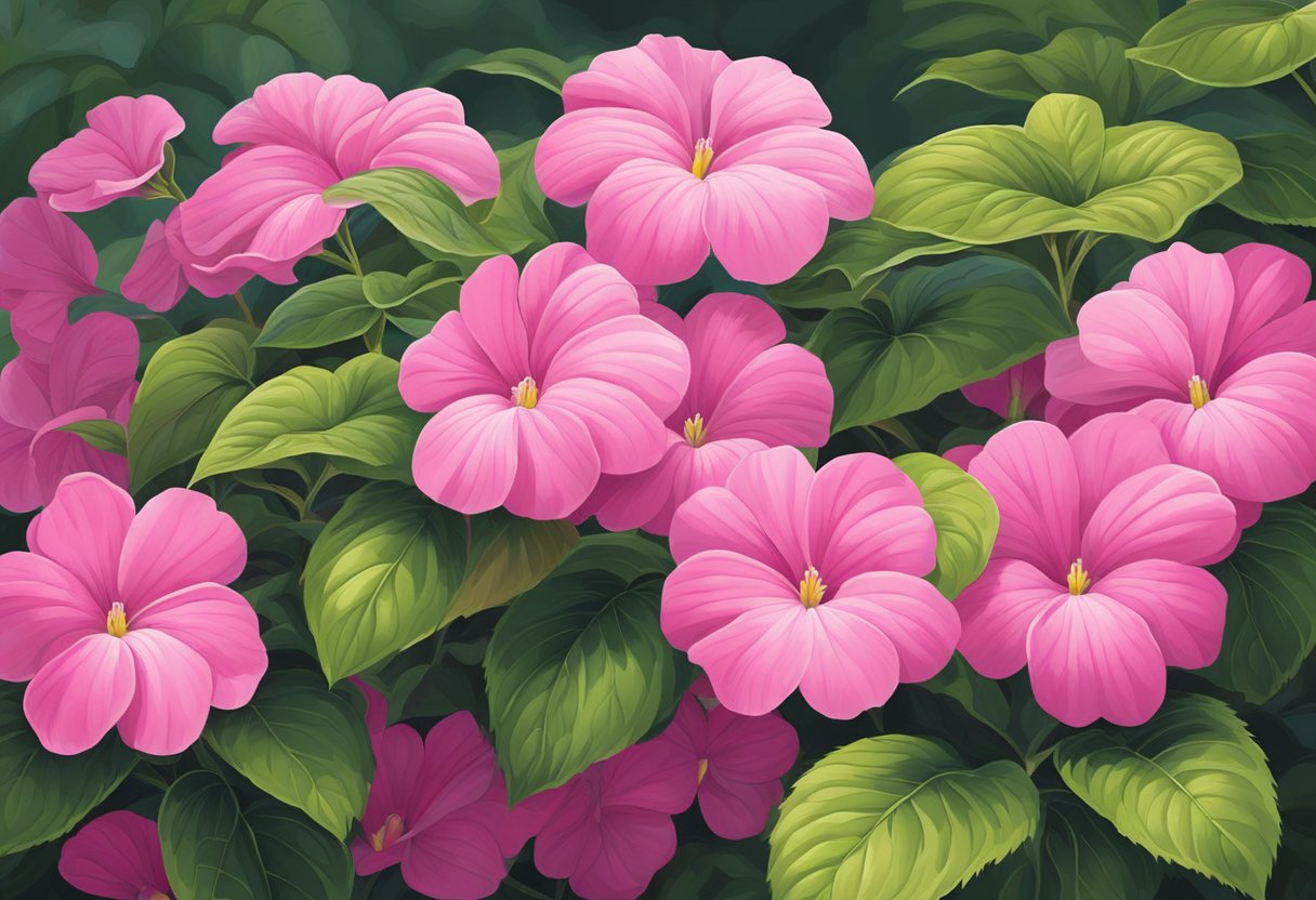 Bright pink impatiens bloom in a shady garden, their delicate petals resembling tiny trumpets. Green leaves provide a lush backdrop