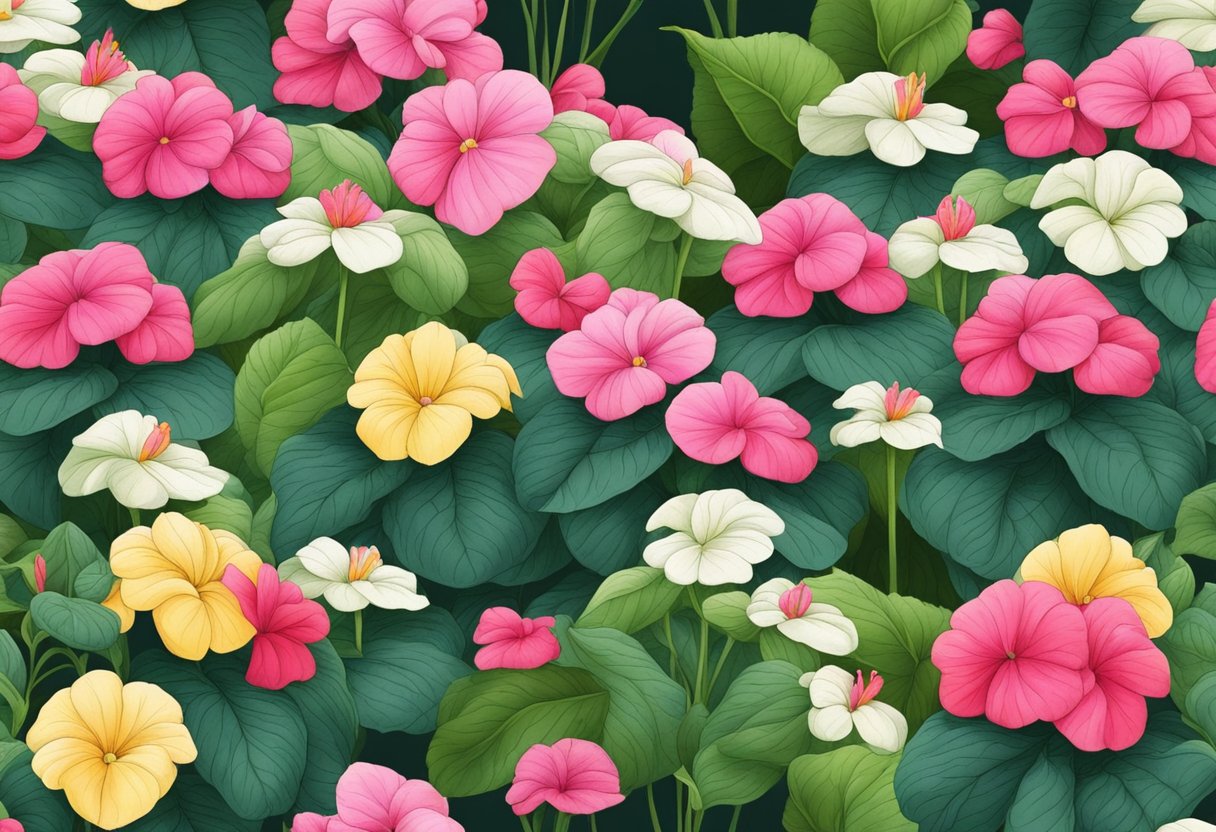 A garden bed with impatiens surrounded by similar flowers