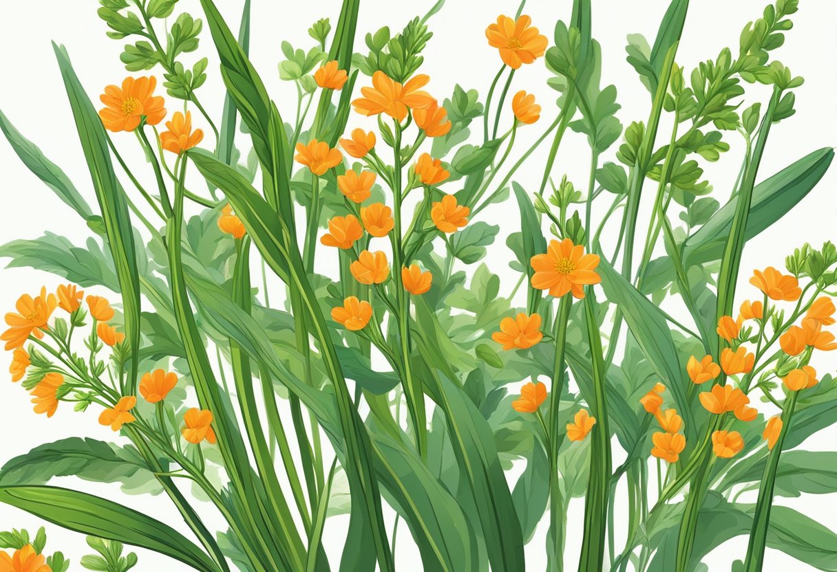Bright green foliage surrounds small orange flowers resembling carrot tops. Stems are thin and wiry, with delicate, feathery leaves