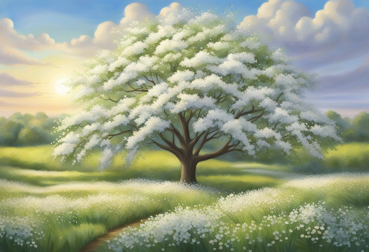 White flowering trees bloom in a Kansas field, their branches reaching towards the sky, creating a beautiful and serene natural landscape