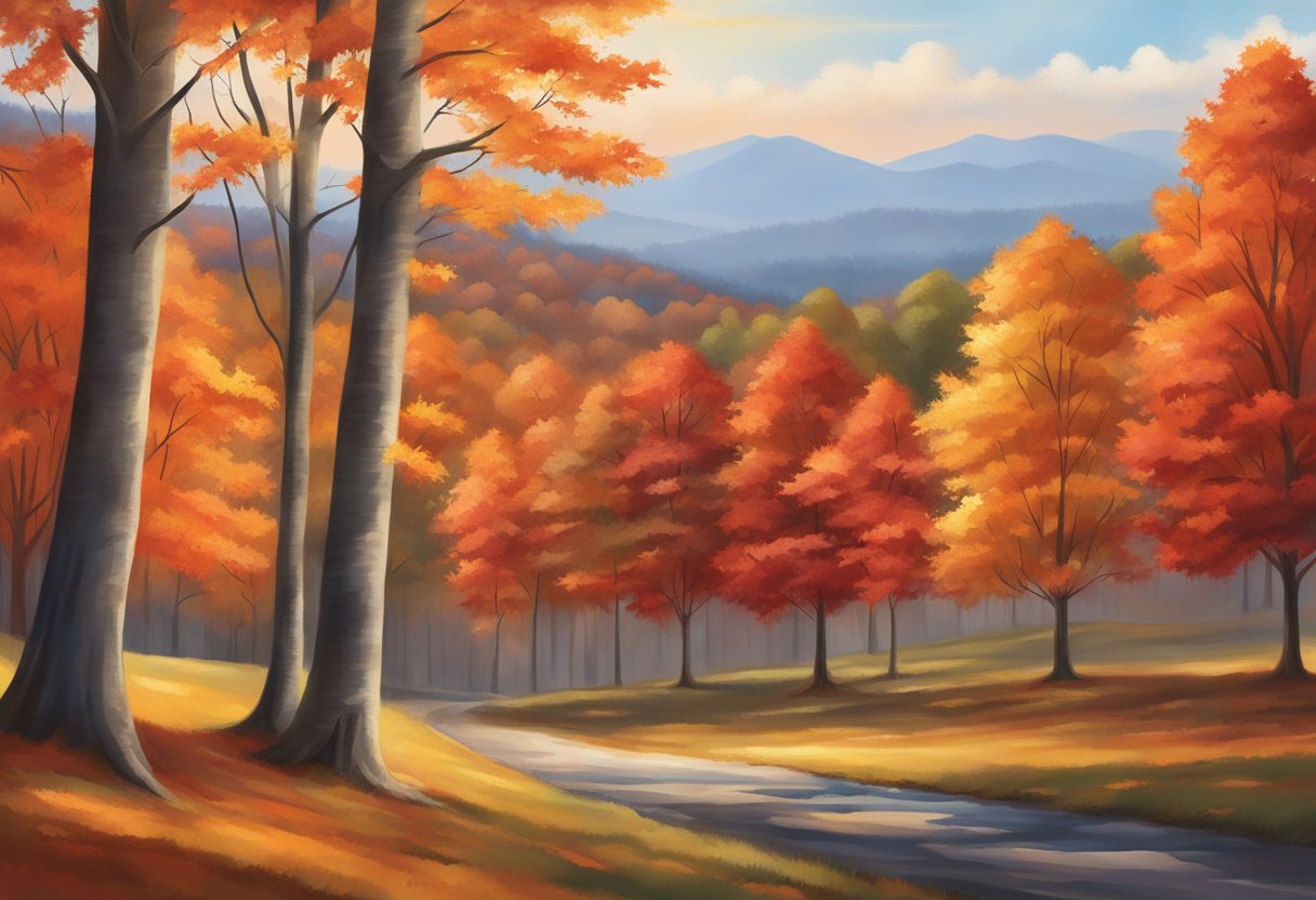 Maple trees in Tennessee stand tall, their vibrant red and orange leaves shimmering in the sunlight, creating a picturesque autumn scene